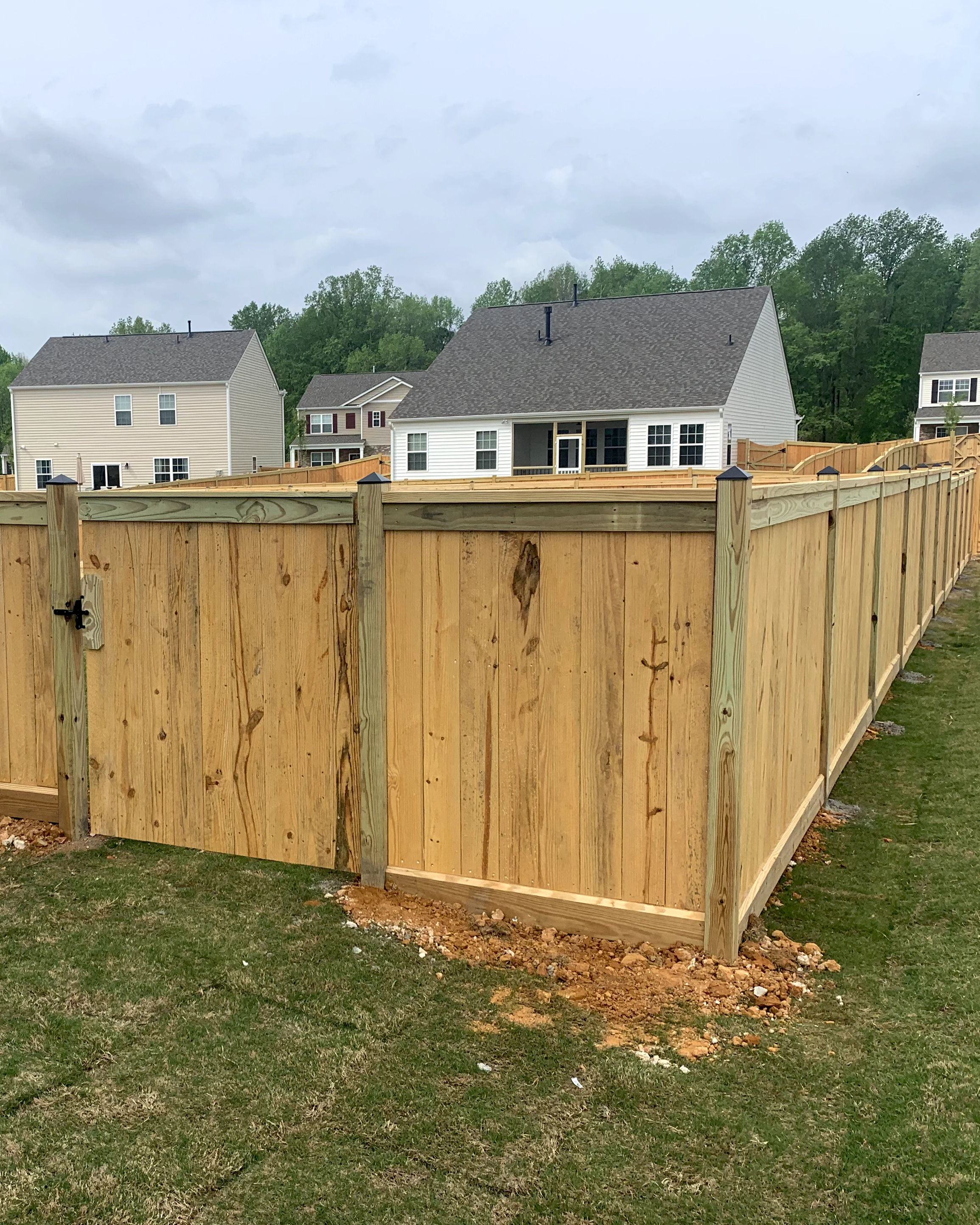 Tall cedar privacy fence with reinforced corner posts and fresh lumber.